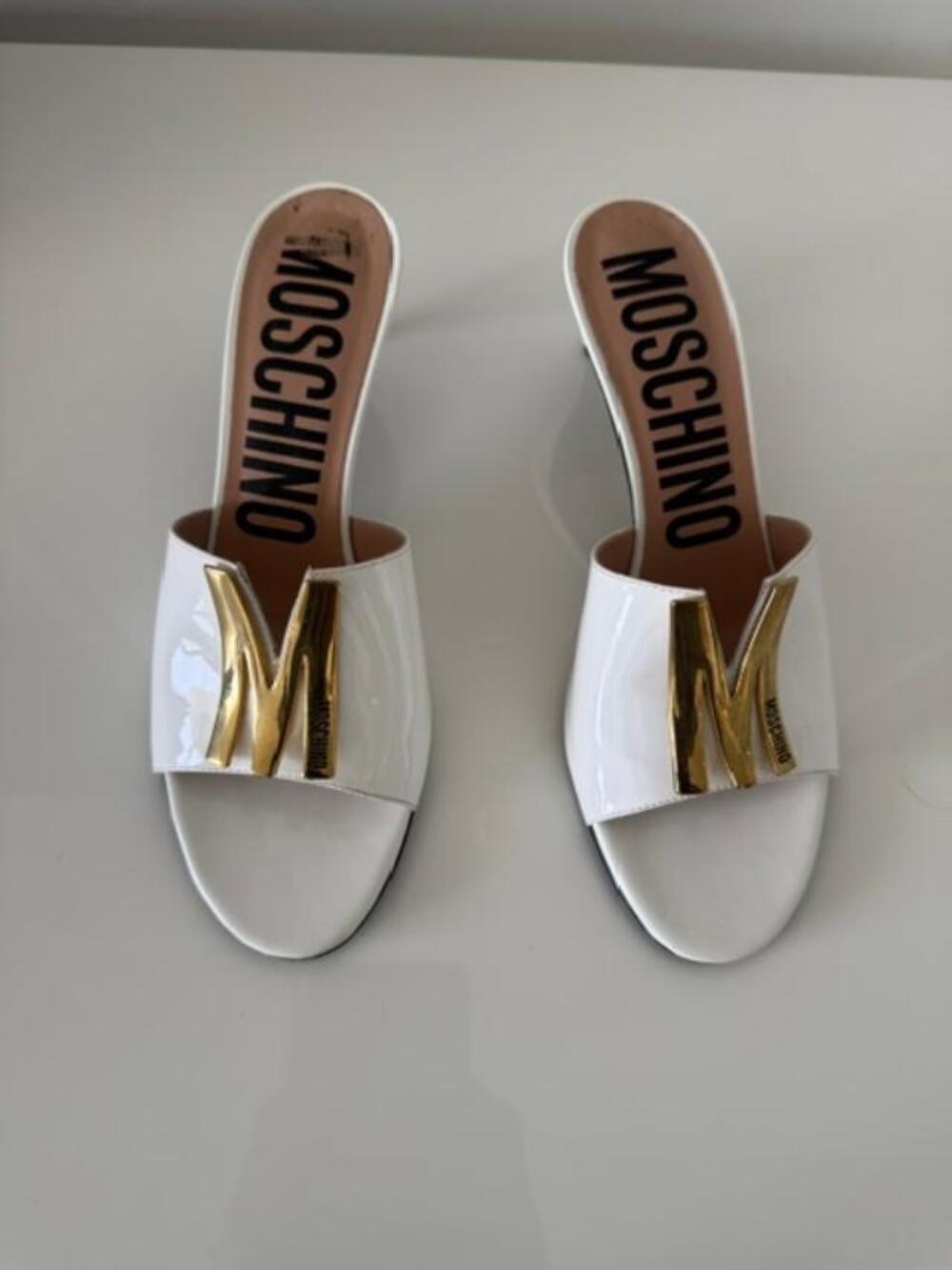 Moschino M Logo White Leather Slide Mules